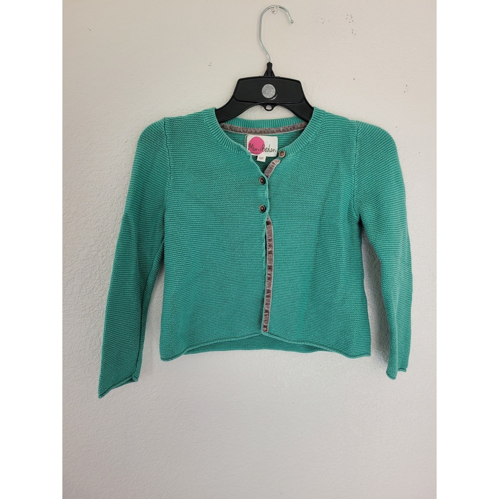Mini Boden Girls‎ Green Garter Stitch Cardigan Velvet Trim Sweater 5-6Y #9